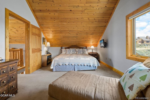 62 897, Grand Lake, CO 80447 - bedroom featuring carpet, vaulted ceiling, and wooden ceiling