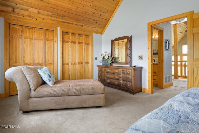 62 897, Grand Lake, CO 80447 - carpeted bedroom featuring vaulted ceiling, wood ceiling, and multiple closets
