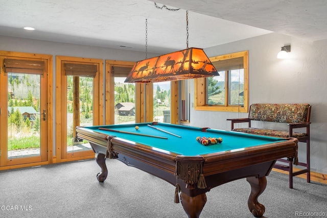 62 897, Grand Lake, CO 80447 - recreation room featuring healthy amount of natural light, carpet floors, pool table, and a textured ceiling