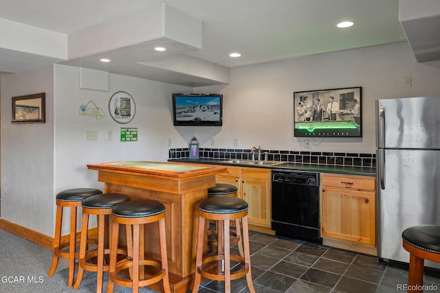 62 897, Grand Lake, CO 80447 - indoor wet bar with freestanding refrigerator, black dishwasher, and recessed lighting