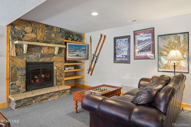 62 897, Grand Lake, CO 80447 - living room featuring a fireplace and carpet