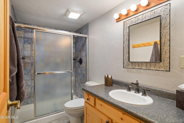 62 897, Grand Lake, CO 80447 - full bathroom featuring vanity, a shower stall, and a textured wall
