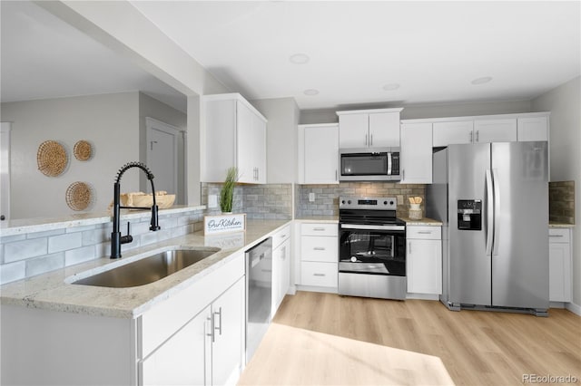 kitchen with tasteful backsplash, light stone counters, stainless steel appliances, sink, and white cabinetry