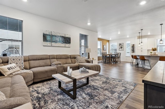 living area with baseboards, wood finished floors, and recessed lighting