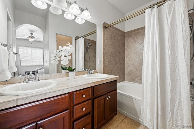 13020 Grant Cir W Unit A, Thornton, CO 80241 - ensuite bathroom featuring ceiling fan, shower / bath combo, tile patterned flooring, and double vanity
