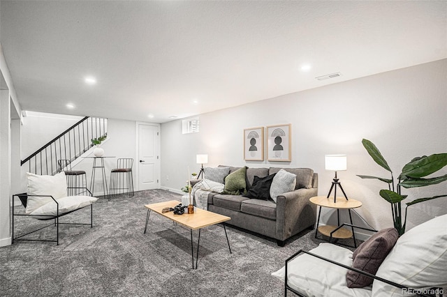 530 Everett St, Lakewood, CO 80226 - living area featuring carpet flooring, stairway, and recessed lighting