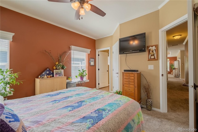 7885 Buckhorn Grn Unit 131, Frederick, CO 80530 - bedroom featuring light carpet, ornamental molding, and ceiling fan