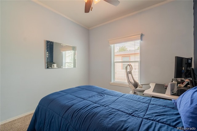 7885 Buckhorn Grn Unit 131, Frederick, CO 80530 - bedroom with carpet floors, multiple windows, crown molding, and ceiling fan