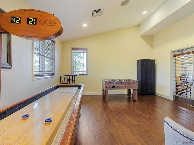 7885 Buckhorn Grn Unit 131, Frederick, CO 80530 - rec room featuring lofted ceiling, dark wood-style flooring, and recessed lighting