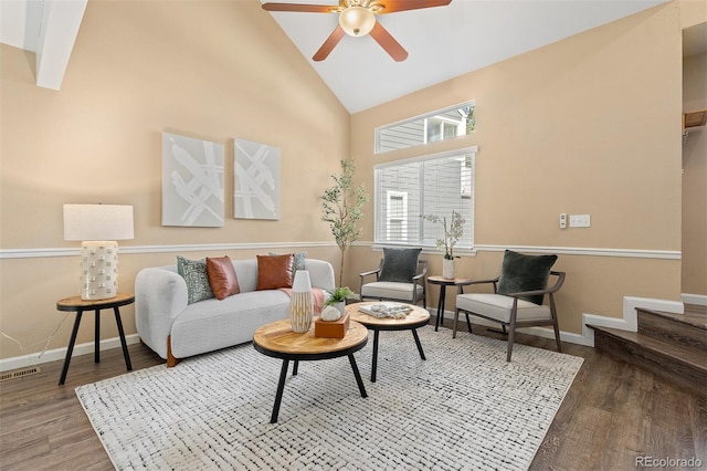 2640 Overlook Dr, Broomfield, CO 80020 - living area with a ceiling fan, wood finished floors, and high vaulted ceiling