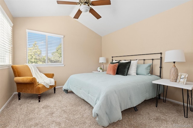 2640 Overlook Dr, Broomfield, CO 80020 - bedroom with carpet, multiple windows, vaulted ceiling, and ceiling fan