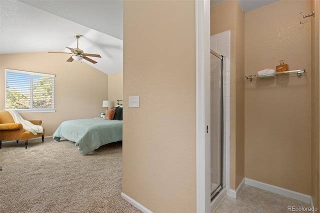 2640 Overlook Dr, Broomfield, CO 80020 - carpeted bedroom with vaulted ceiling and a ceiling fan