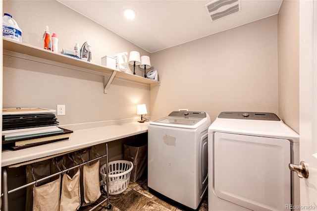 washroom featuring laundry area, visible vents, and washer and clothes dryer