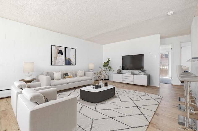 10185 W 25th Ave Unit 33, Lakewood, CO 80215 - living room with wood finished floors, a textured ceiling, concrete block wall, and baseboard heating