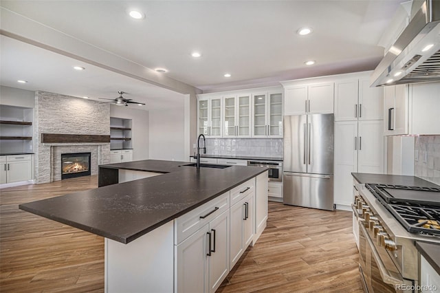 kitchen featuring light wood finished floors, ceiling fan, a sink, appliances with stainless steel finishes, and wall chimney exhaust hood