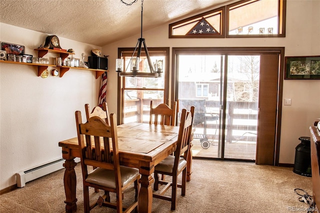 dining area featuring vaulted ceiling, carpet floors, baseboard heating, and a textured ceiling