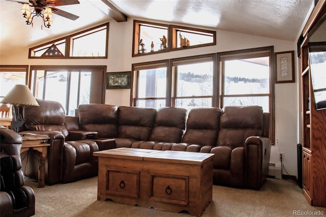 living area featuring vaulted ceiling with beams, ceiling fan, a textured ceiling, and light carpet