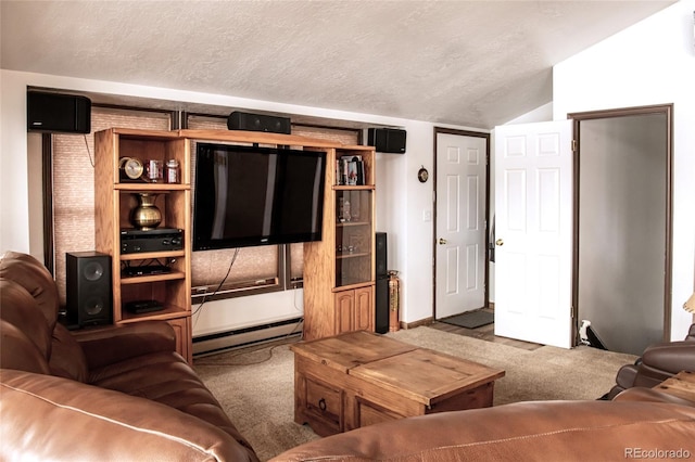 living area with vaulted ceiling, a textured ceiling, baseboard heating, and carpet flooring