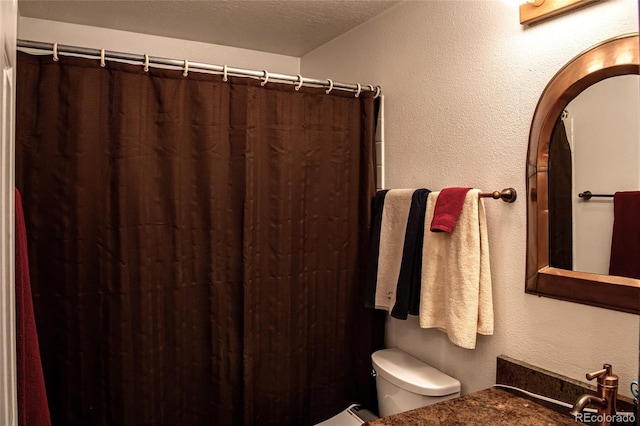 bathroom featuring toilet, a sink, a textured ceiling, and a textured wall