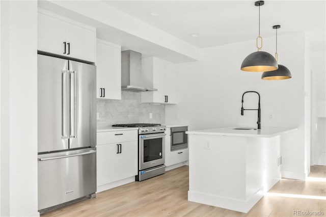 kitchen featuring a sink, wall chimney exhaust hood, light wood-style flooring, backsplash, and appliances with stainless steel finishes