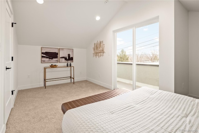 carpeted bedroom with baseboards, recessed lighting, and vaulted ceiling