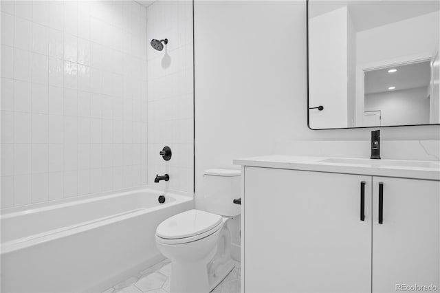 full bath featuring shower / bathtub combination, recessed lighting, toilet, marble finish floor, and vanity