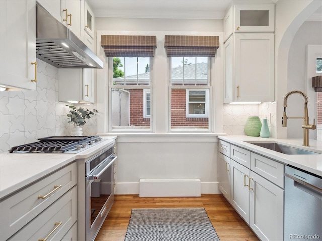 660 S Clarkson St, Denver, CO 80209 - kitchen with appliances with stainless steel finishes, a sink, under cabinet range hood, baseboards, and ornamental molding