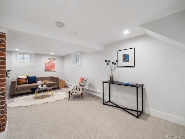 660 S Clarkson St, Denver, CO 80209 - carpeted living area with recessed lighting, a baseboard heating unit, and baseboards
