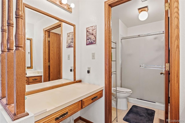 full bath featuring vanity, toilet, and a stall shower