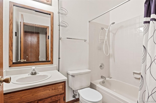 full bath featuring toilet, vanity, and shower / bathtub combination with curtain