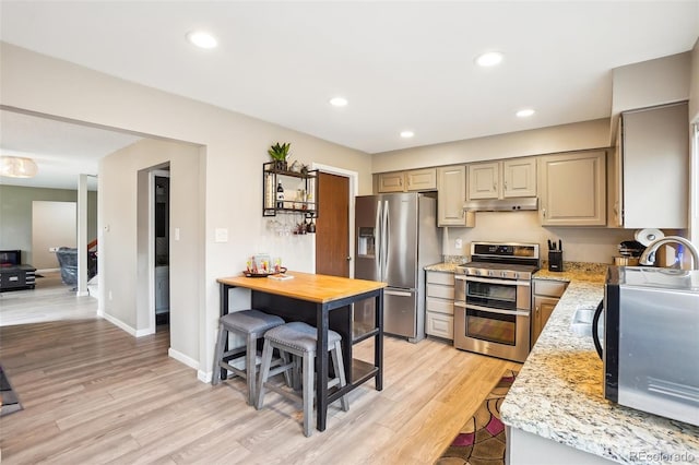 7925 W Layton Ave Unit 500, Littleton, CO 80123 - kitchen featuring stainless steel appliances, under cabinet range hood, light wood-type flooring, recessed lighting, and baseboards