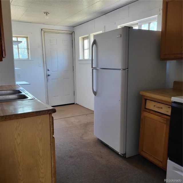 256 S 2nd Ave, Brighton, CO 80601 - kitchen with freestanding refrigerator, plenty of natural light, carpet, and brown cabinets