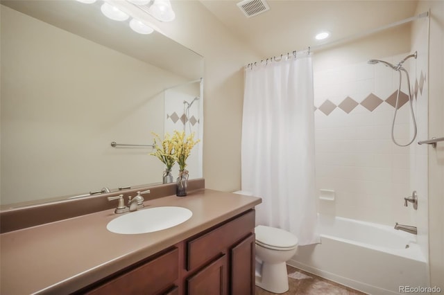 full bathroom with vanity, shower / bathtub combination with curtain, and toilet