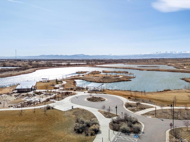 aerial view with a water and mountain view