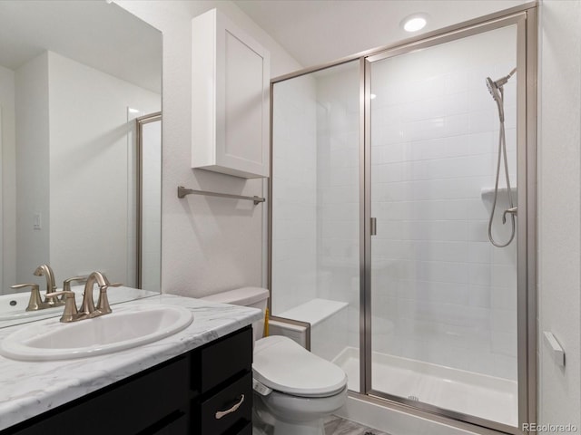 full bathroom with vanity, toilet, and a shower stall