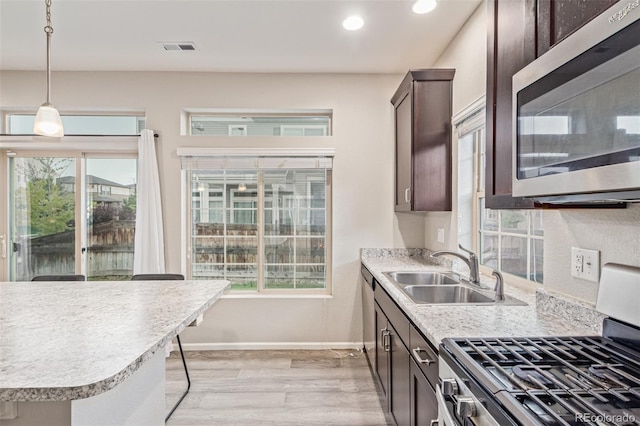 18112 E 104th Way, Commerce City, CO 80022 - kitchen featuring appliances with stainless steel finishes, a sink, light wood-style flooring, dark brown cabinets, and light countertops