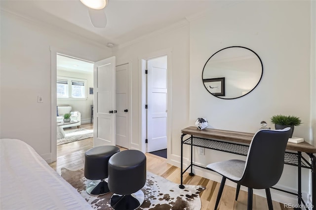4441 N Meade St, Denver, CO 80211 - office area with light wood-style floors, ornamental molding, and ceiling fan