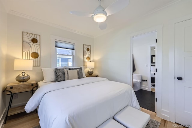 4441 N Meade St, Denver, CO 80211 - bedroom with light wood-type flooring, ornamental molding, and ceiling fan