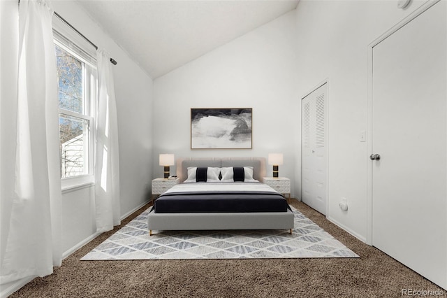 bedroom with lofted ceiling, carpet floors, and multiple windows