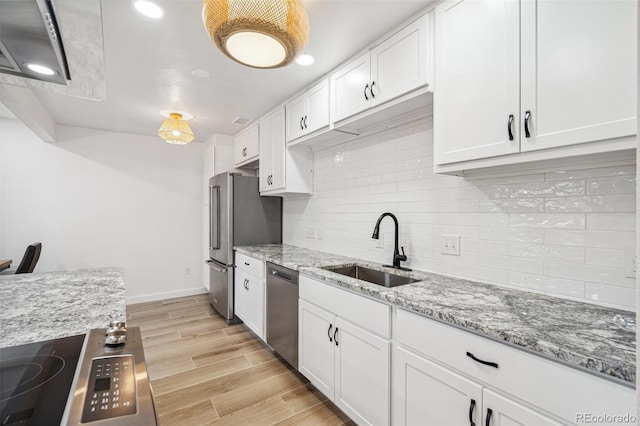 7995 E Mississippi Ave Unit A4, Denver, CO 80247 - kitchen featuring stainless steel appliances, a sink, white cabinetry, light wood-type flooring, and decorative backsplash