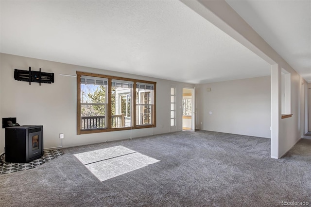 255 Park View Dr, Fairplay, CO 80440 - unfurnished living room featuring a wood stove and carpet flooring