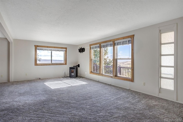 255 Park View Dr, Fairplay, CO 80440 - carpeted spare room featuring a wood stove and a textured ceiling
