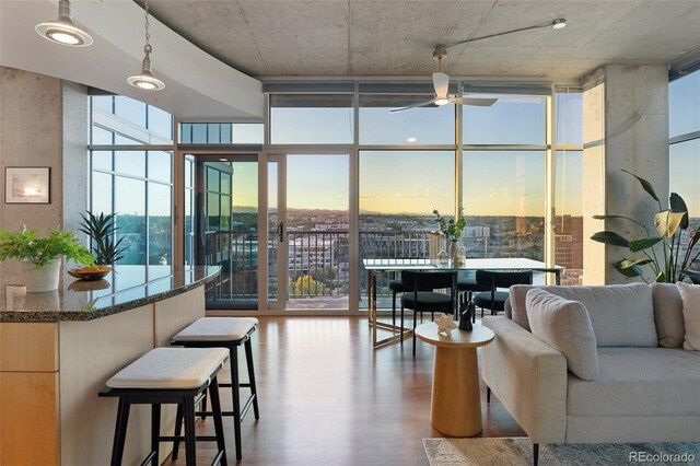 interior space featuring ceiling fan, wood-type flooring, and a wall of windows