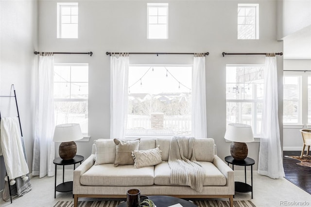 living room with a towering ceiling