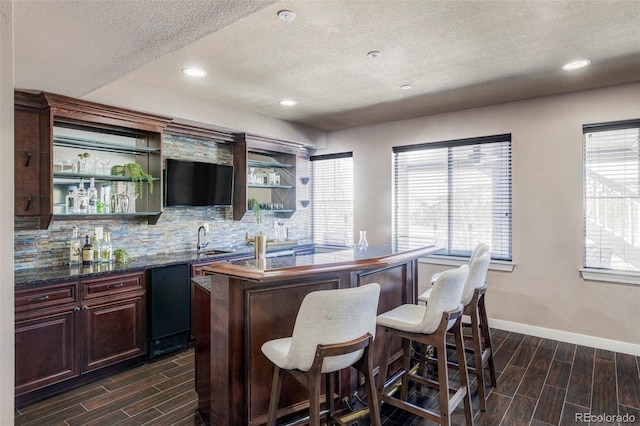 bar with sink, decorative backsplash, a wealth of natural light, and a textured ceiling