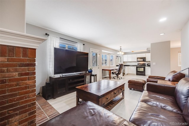 living room featuring brick wall