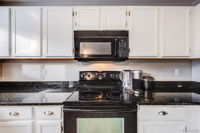 kitchen with white cabinets, dark stone counters, and black appliances