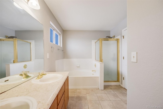 bathroom with separate shower and tub and vanity