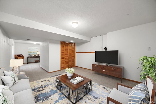 living room featuring light colored carpet