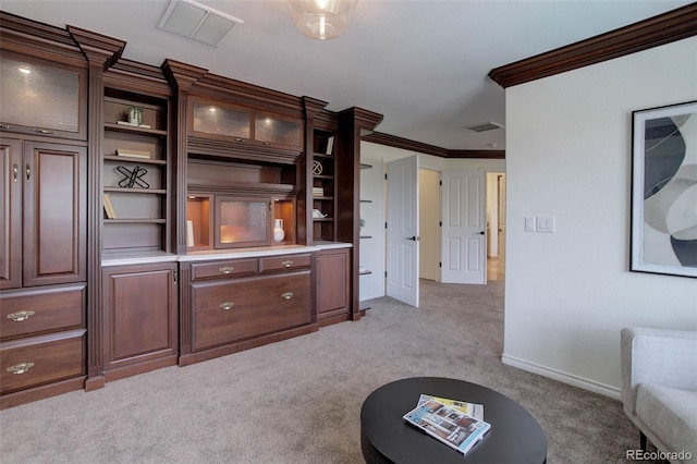 unfurnished living room with crown molding, baseboards, light carpet, and visible vents